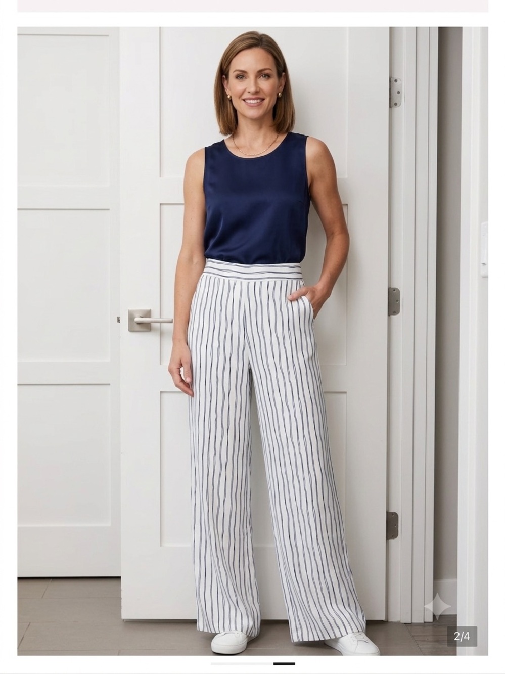 EB LUXE Los Angeles Striped Wide Leg Pants White Navy Blue Size Large NWT